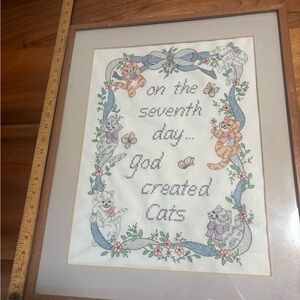 Framed Cross-Stitch Cat Sampler - Pastel Colors